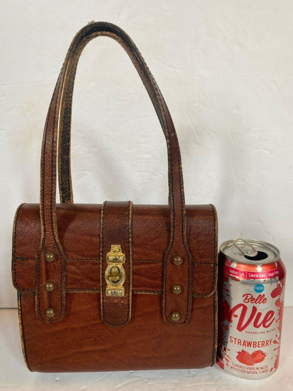 Vintage Leather Purse Bag Handbag Brown Gold Trim Lion Mod 60s 70s - Picture 9 of 9